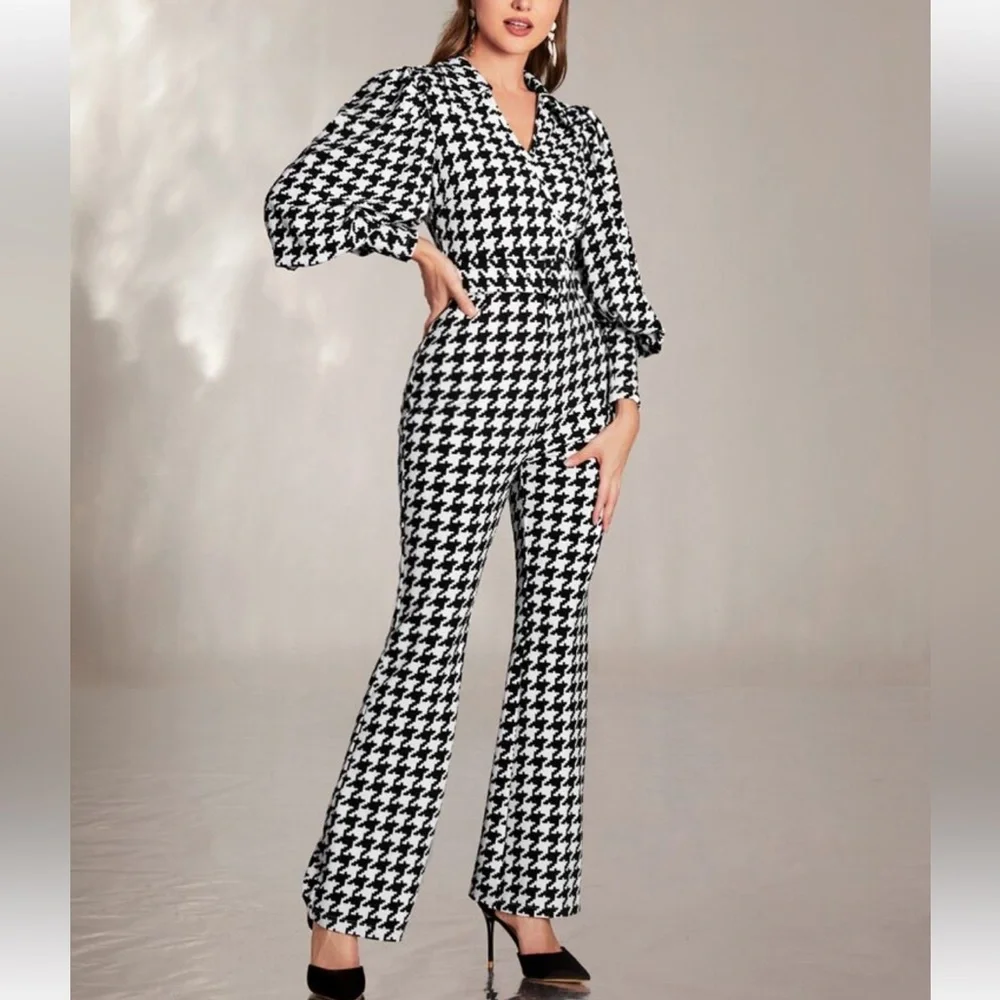 Classic Houndstooth Puffed Cuffed Long Sleeve Collar Belted Jumpsuit Flare Pants - Picture 2 of 6